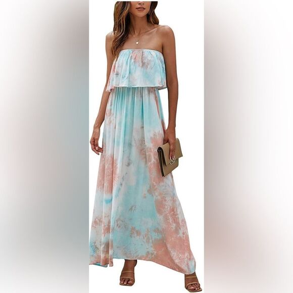 Aakaa Strapless pastel Pink & Blue Tie Dye Maxi Dress with Deep Slit, Small - Picture 4 of 4